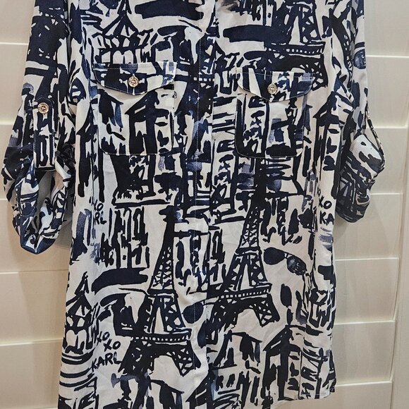 Karl Lagerfeld Paris 3/4 Sleeves Button-Up Blouse Women's S/P Blue & White - Picture 6 of 15